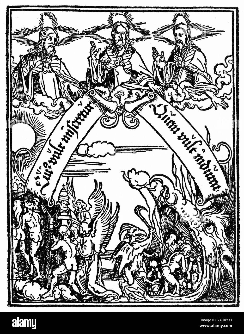 Gravur der Dreifaltigkeit als drei Männer in einem Versuch, die Menschen über die Gottheit während der Reformation mal zu lehren dargestellt. Stockfoto