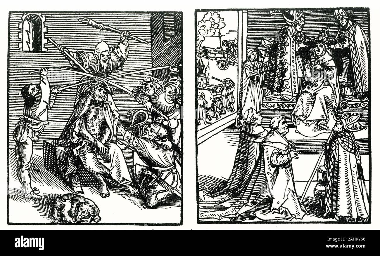 Gravur kontrastierenden das Leben Christi, der geschlagen wurde und Gegeißelt, und die popish Antichristen, der gefeiert wird und sich verwöhnen, Cartoon während der protestantischen Reformation im Jahr 1500 veröffentlicht. Stockfoto