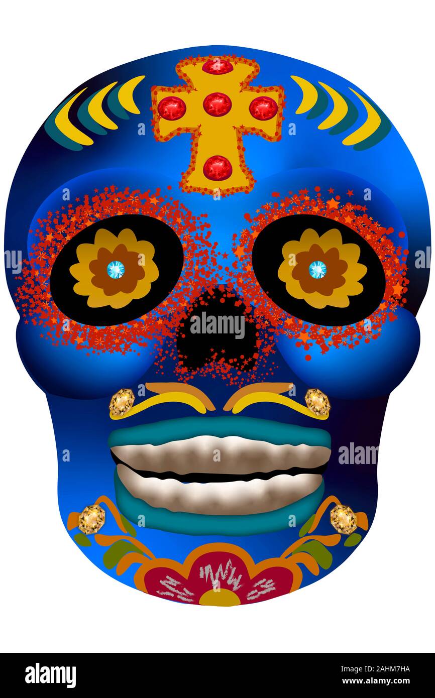 Tag der Toten Schädel. Farbenfrohe blaue Totenkopf mit Freistellungspfaden. Stockfoto