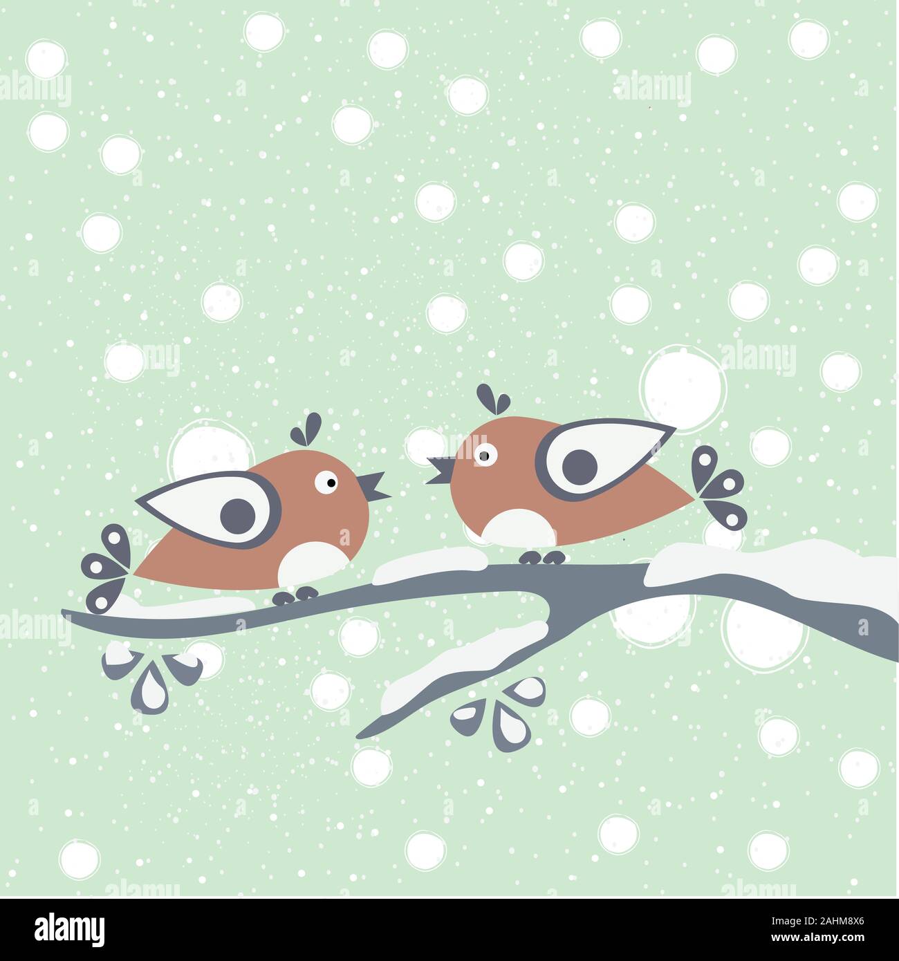 Zwei Vögel sitzen auf einem Ast. Hallo Winter Karte mit cartoon Vögel auf einem Ast mit Schnee bedeckt. Winter Hintergrund. Grußkarte für Winter hinterg Stock Vektor