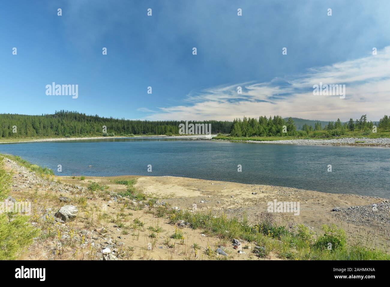 Taiga Fluss. Sommer Wasser Landschaft im polaren Ural in Russland. Stockfoto