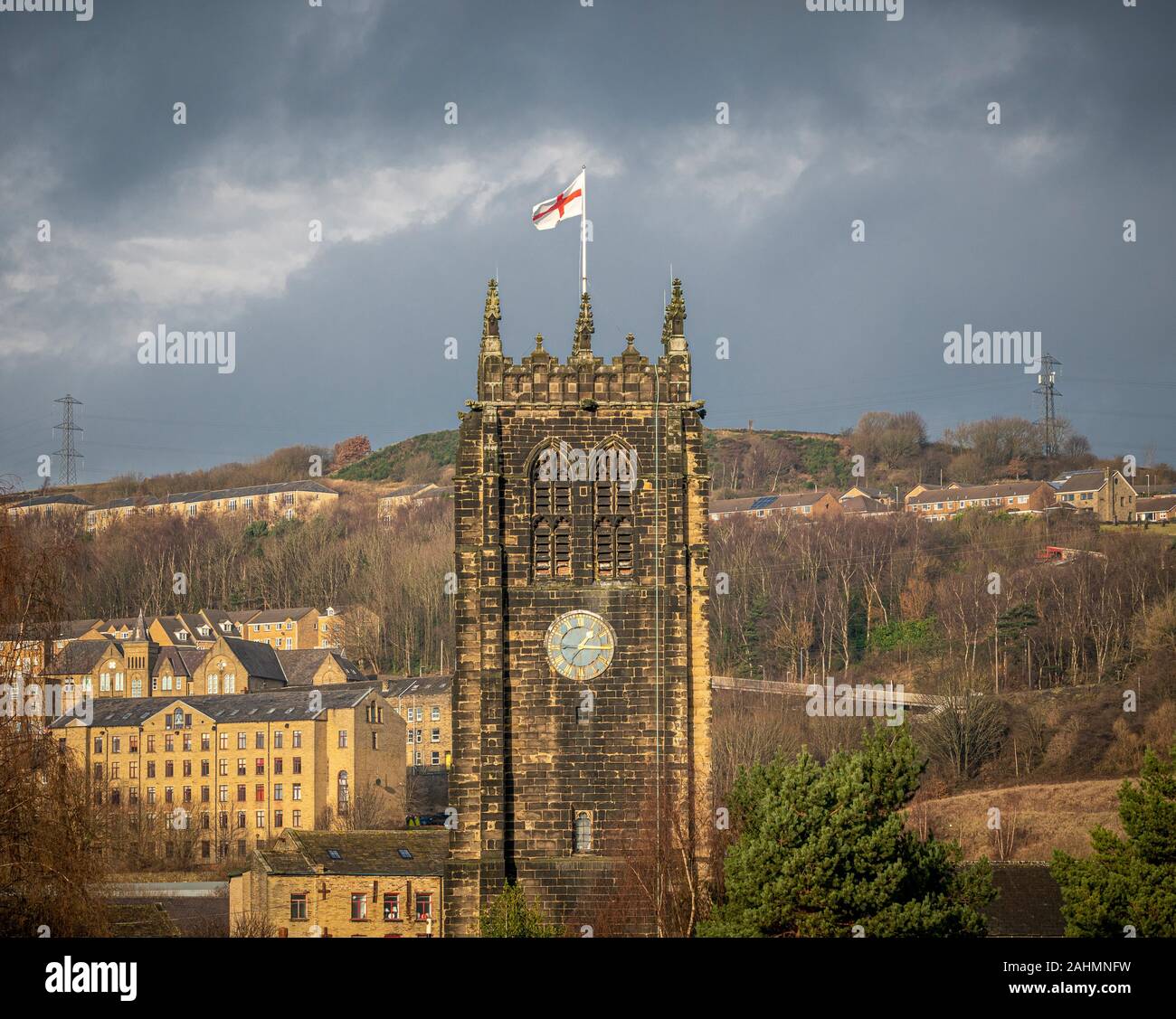 Münster Uhrturm von Halifax, Halifax, Großbritannien. Stockfoto