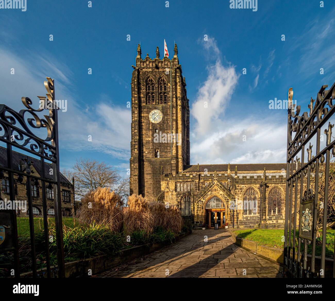 Münster Uhrturm von Halifax, Halifax, Großbritannien. Stockfoto