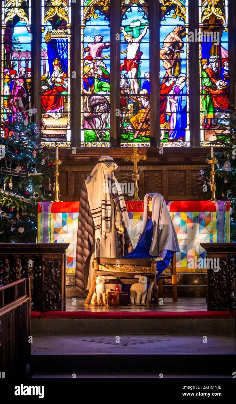 Krippenspiel in Halifax Münster zu Weihnachten, West Yorkshire, UK. Stockfoto