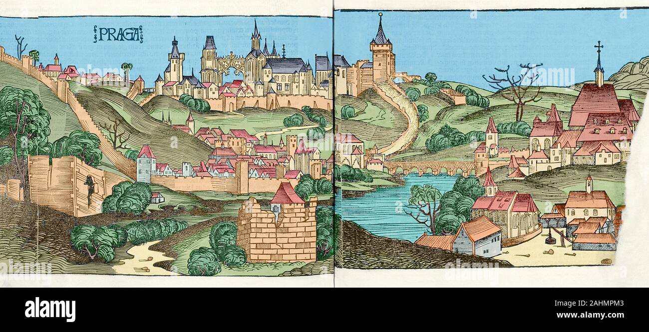 Prag (Tschechische Republik). Gravur. Liber chronicarum von Hartmann Schedel, 1493. Später Färbung. Stockfoto