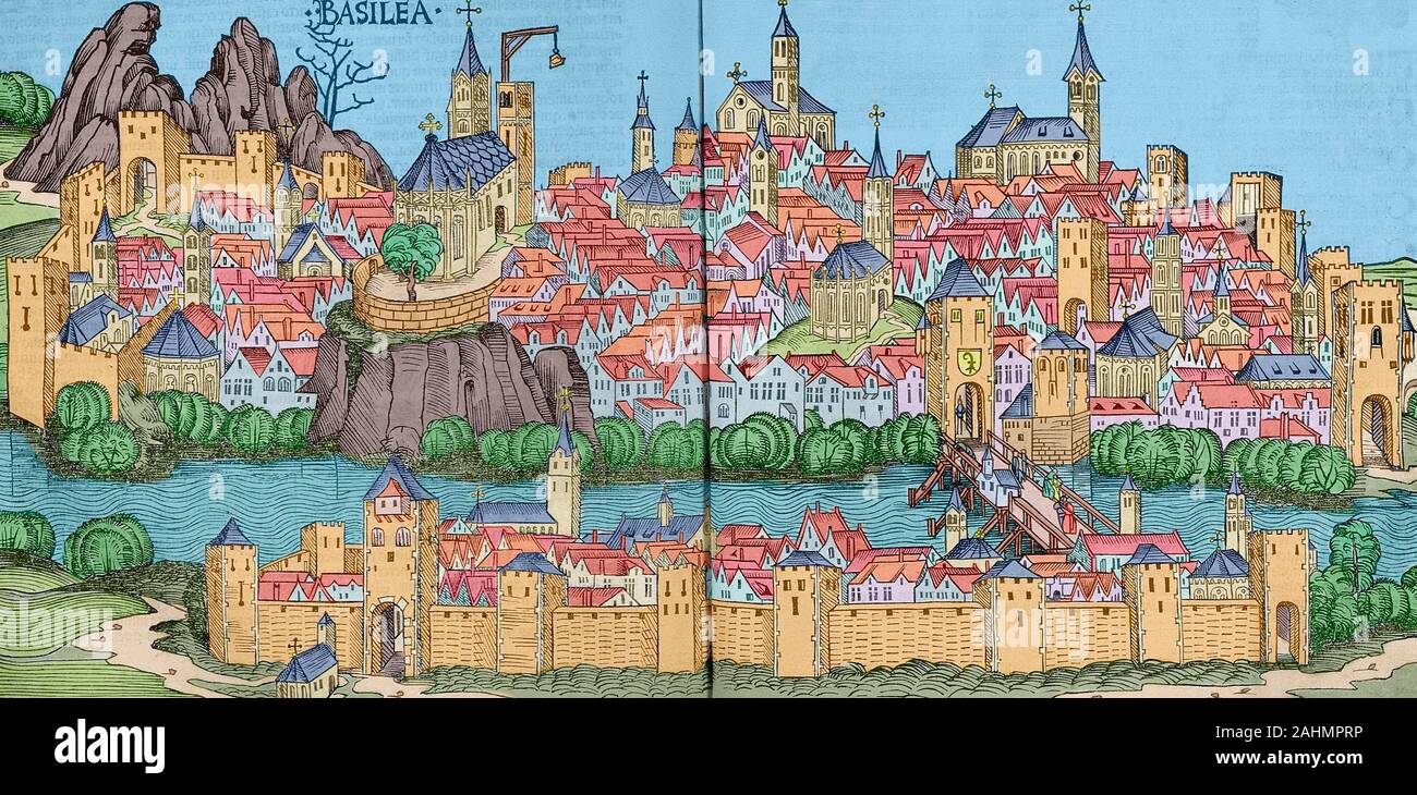 Basel (Schweiz). Gravur. Liber chronicarum von Hartmann Schedel, 1493. Später Färbung. Stockfoto