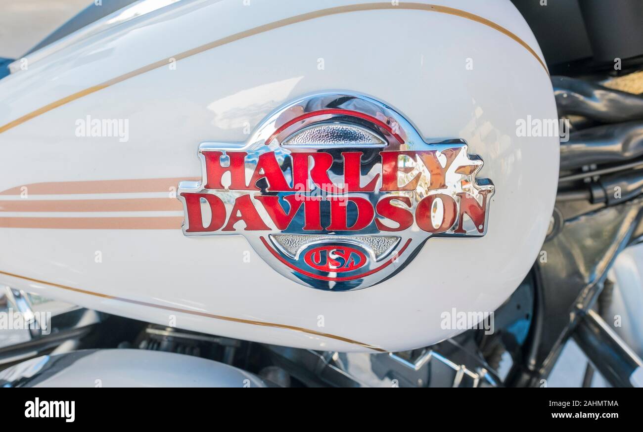 Harley Davidson Logo auf Tank Motorrad Stockfoto