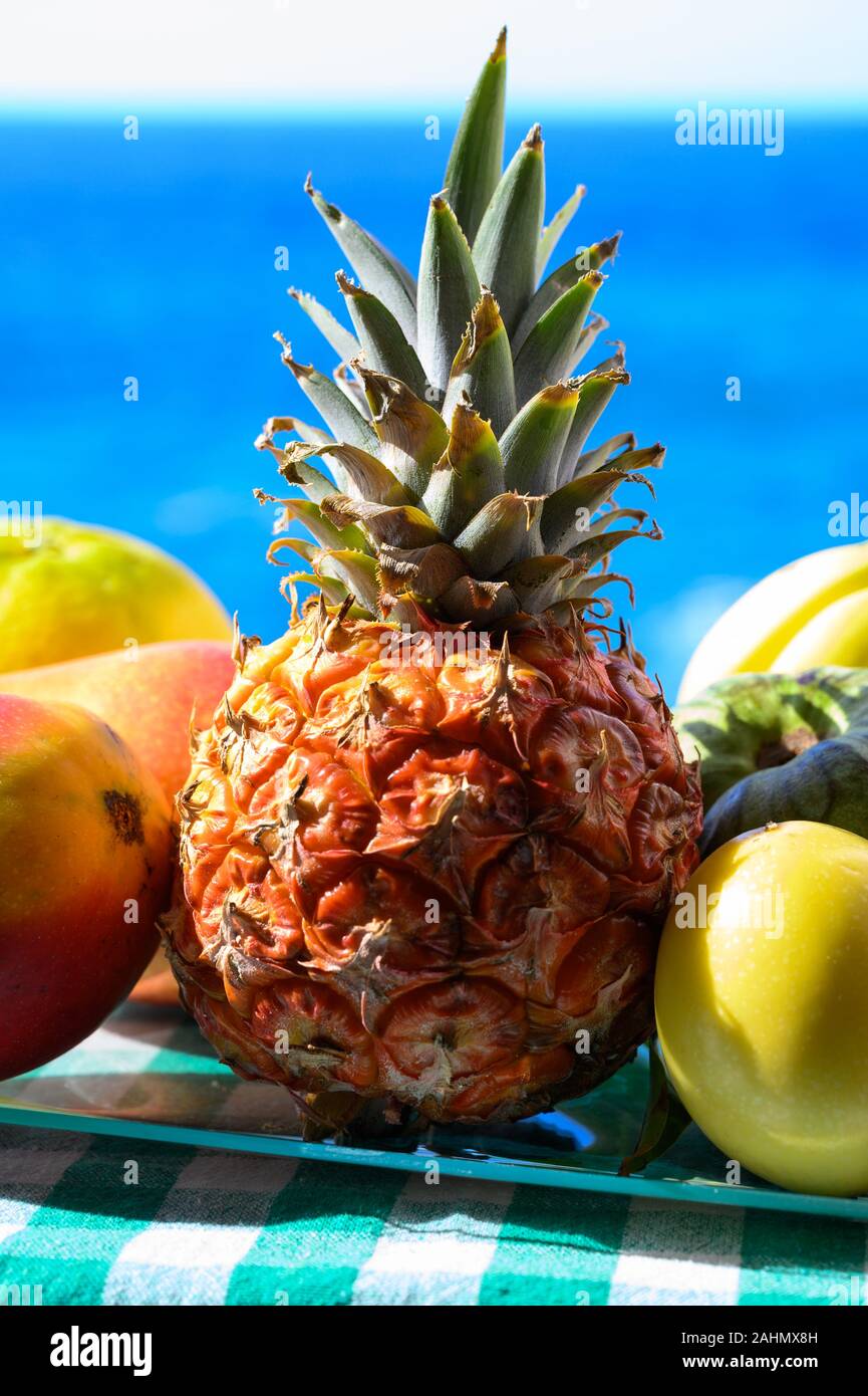 Tropische Früchte Sammlung, Custard Apple oder Grün reif cherymoia, Maracuja, Ananas, Mango, tamarillo Exotische Früchte auf blaues Meer Hintergrund in Stockfoto
