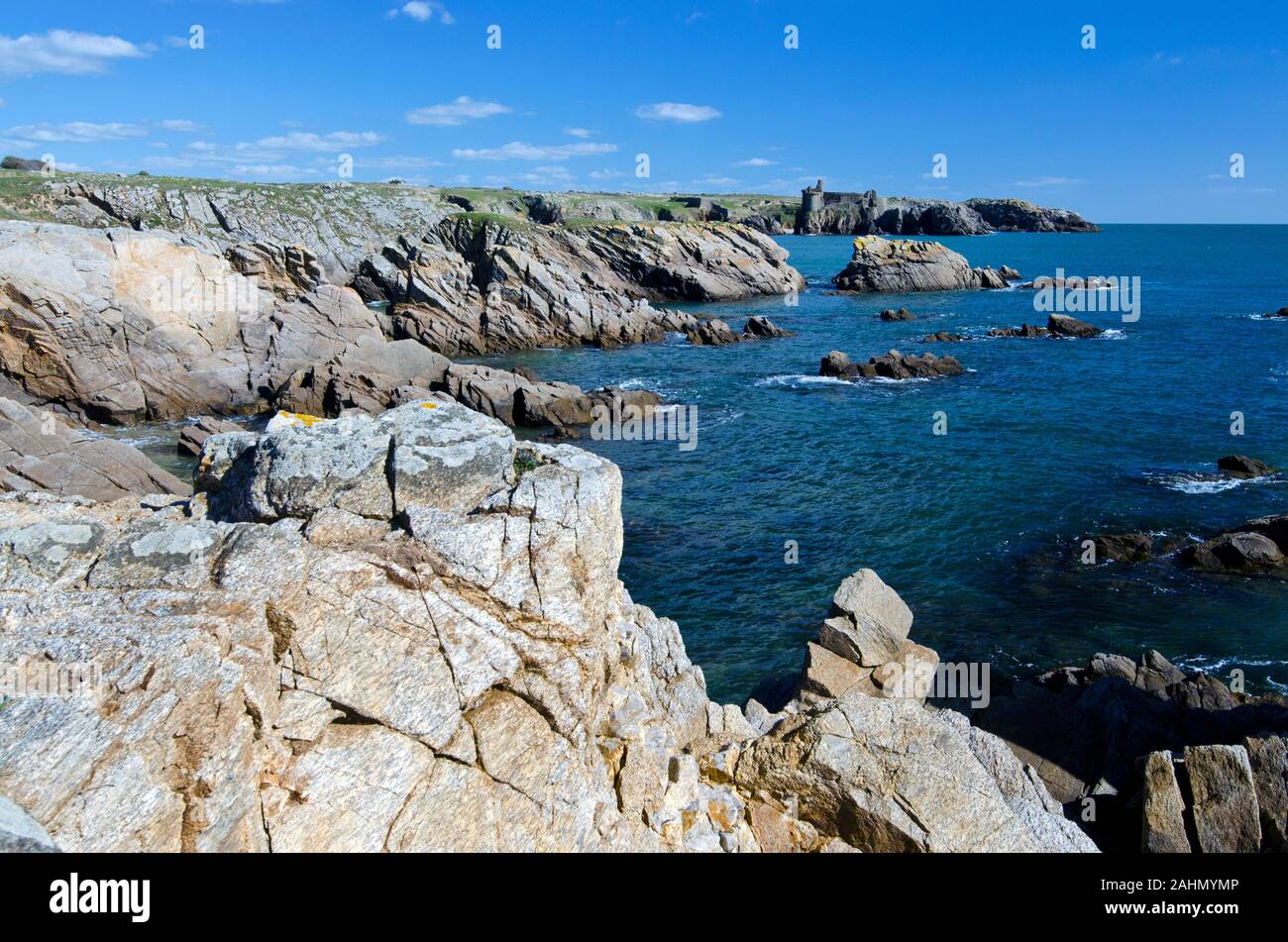 Rocky wilden Küste im Süden der Insel Yeu, Ruinen der alten Burg bei fare Hintergrund. Frankreich, Vendee, Pay de la Loire Stockfoto