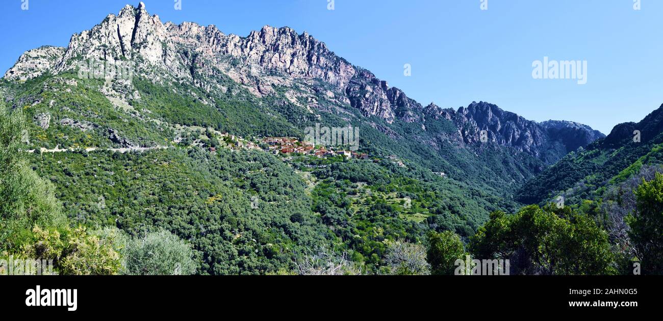 Ota-Dorf durch Capu Ota Berg der nördlichen Flanke des Gorges de Spelunca, Aitone Wald umfasst das Panorama der Canyon, Insel Korsika, Korsika Stockfoto