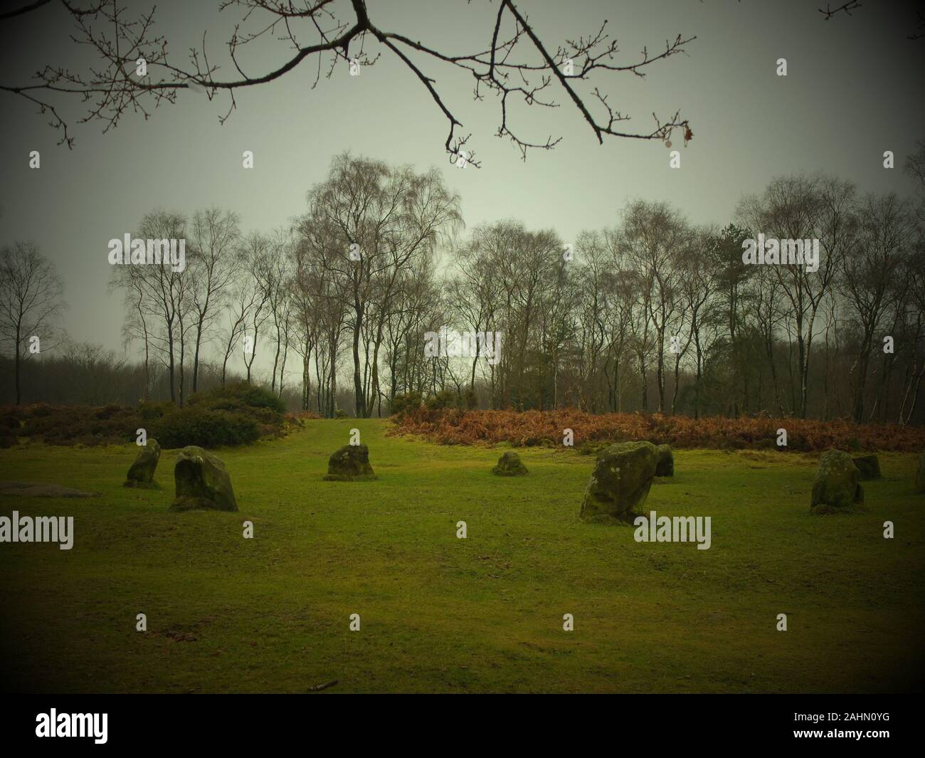 Der Steinkreis der neun Damen aus der prähistorischen Bronzezeit auf Stanton Moor bei Matlock Derbyshire an einem nebligen Wintertag Stockfoto