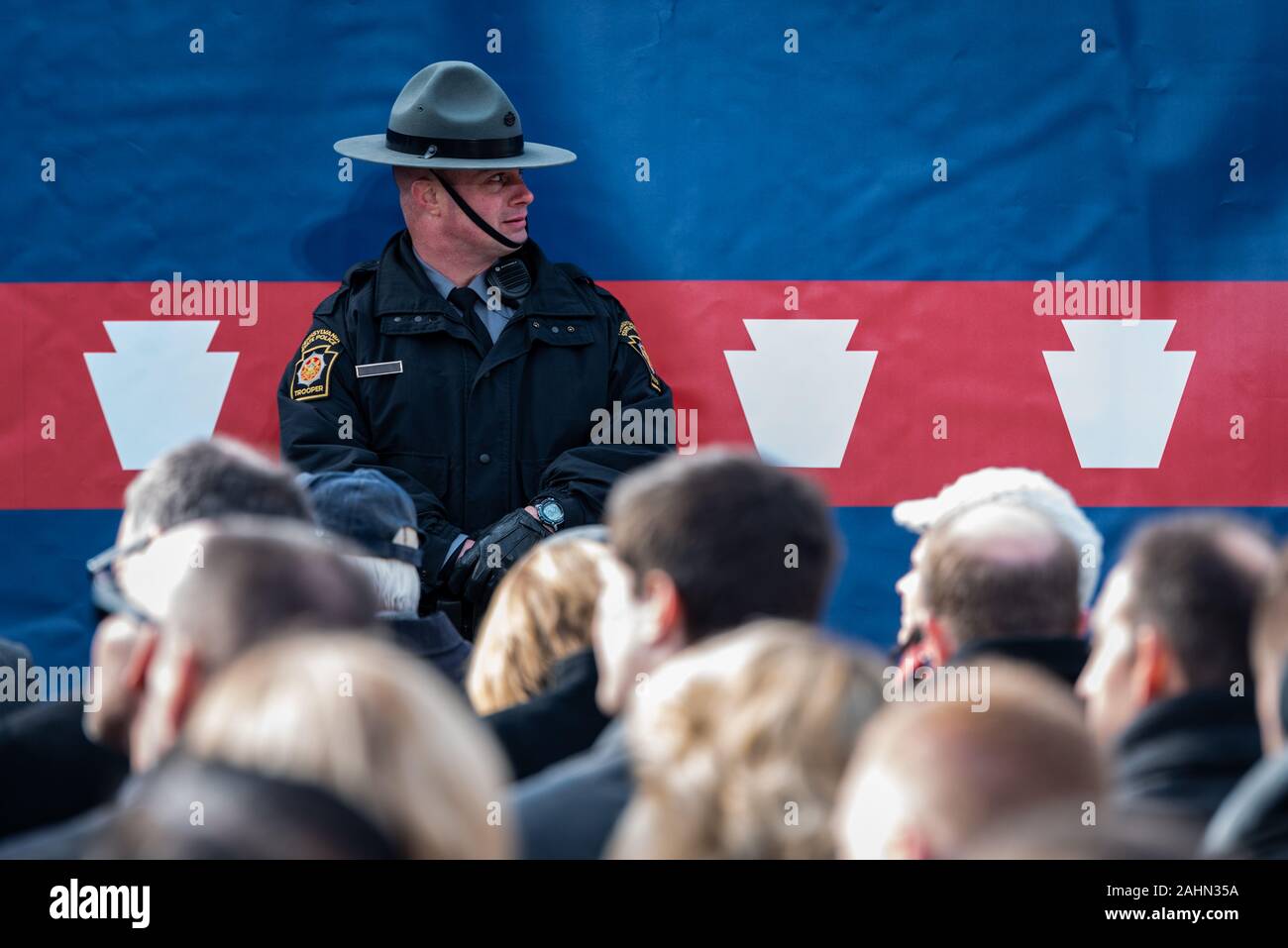 Harrisburg, USA. 15. Januar, 2019. Staatliche Polizei an der Pennsylvania während Gouverneur Tom Wolfs Einweihung. Chris Baker Evens/Alamy Live Stockfoto