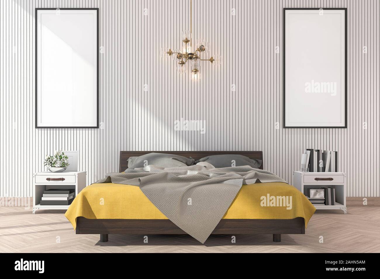3D-Rendering minimal gelb Bett mit Mock up Frame im Schlafzimmer Stockfoto
