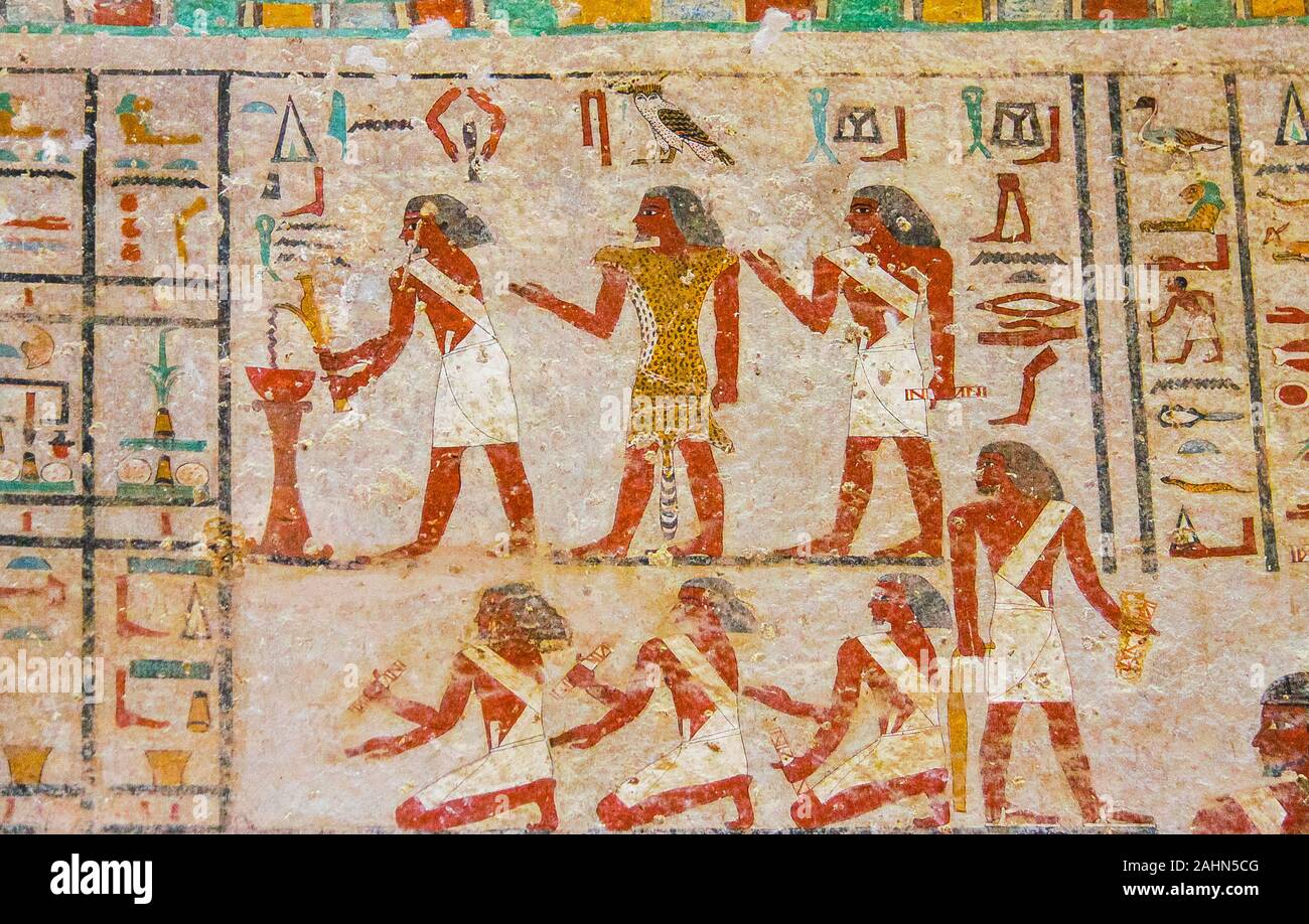 Mitte Ägypten, Beni Hasan, das Grab von Khnumhotep II stammt aus dem Reich der Mitte. Religiöse Riten. Stockfoto