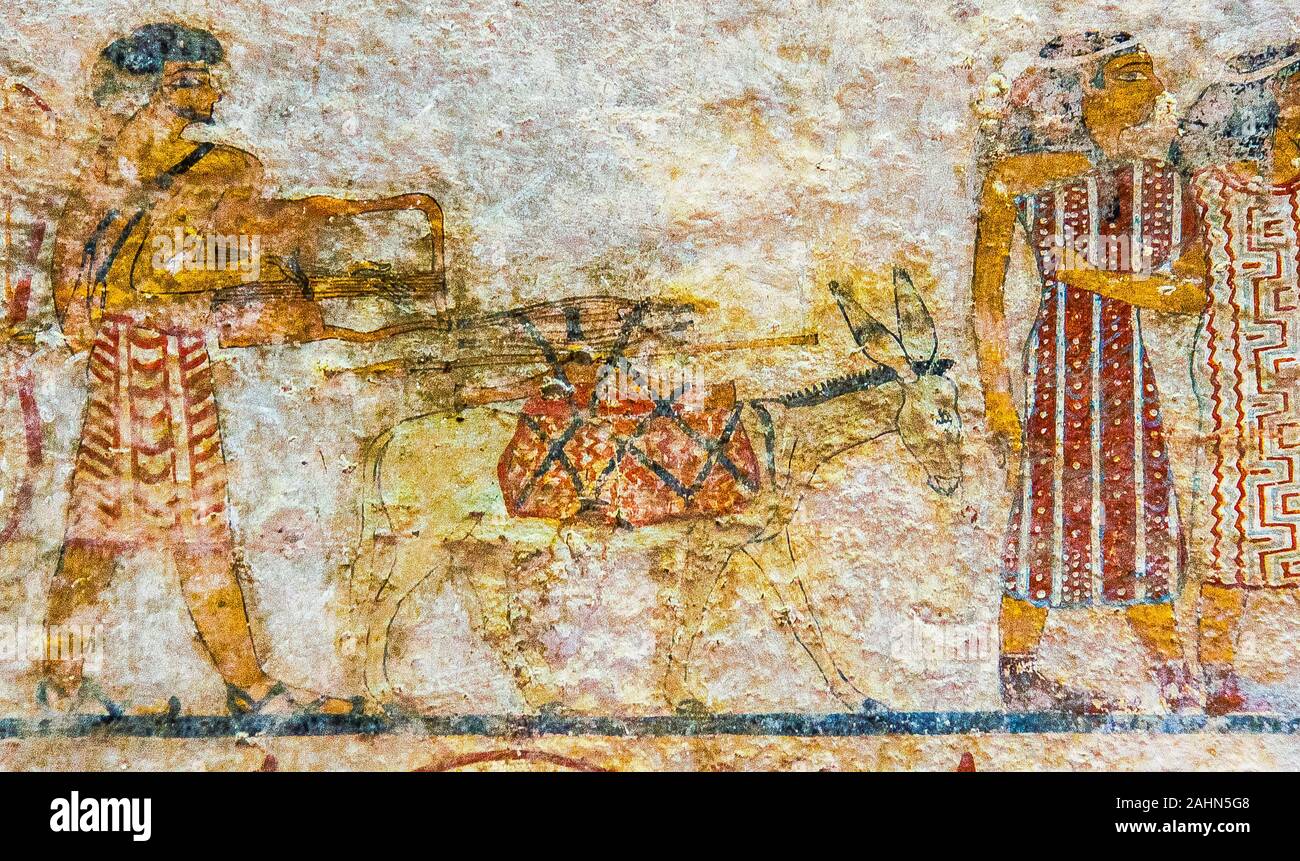 Mitte Ägypten, Beni Hasan, das Grab von Khnumhotep II stammt aus dem Reich der Mitte und enthält die berühmte Szene namens "Ankunft der Hyksos'. Stockfoto