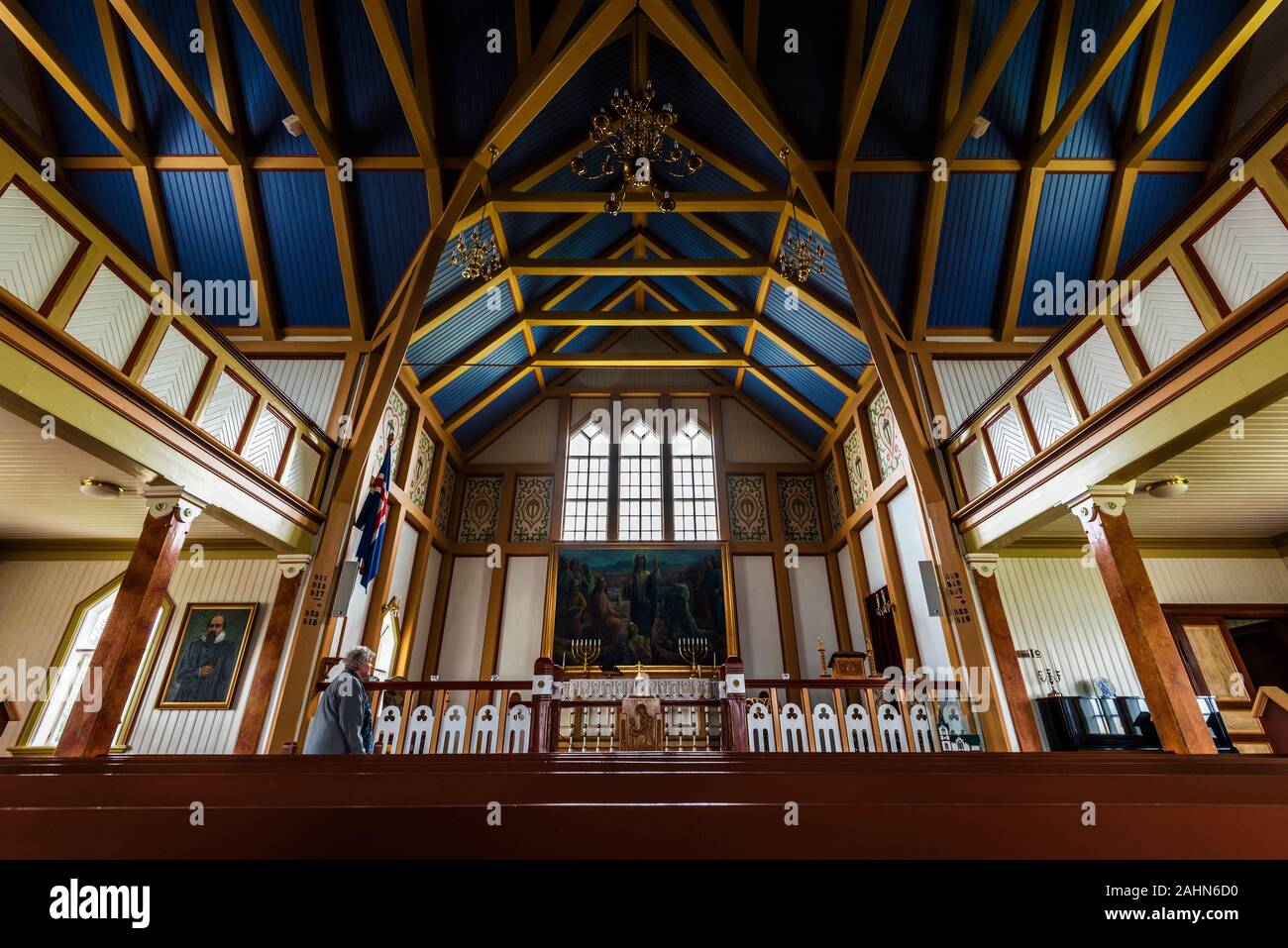Husavik, Island - 16 Juli, 2018 Indoor in der Holzkirche in Husavik Stadt in Nordurting Gemeinde an der Nordküste Islands. Stockfoto