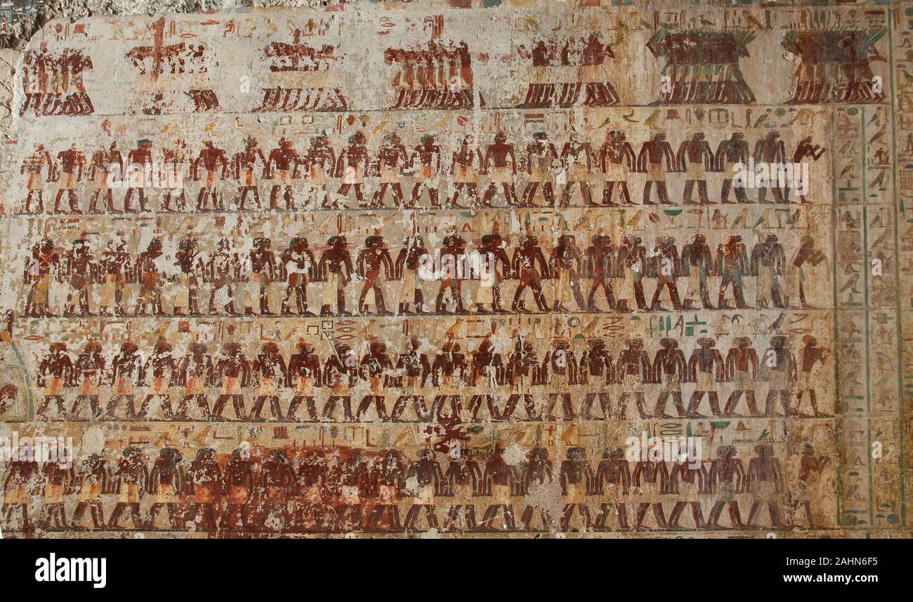 Mitte Ägypten, Deir el Bersha, das Grab von Djehutyhotep stammt aus dem Reich der Mitte. Hauptraum, berühmte Szene: Transport eines kolossalen Statue. Stockfoto