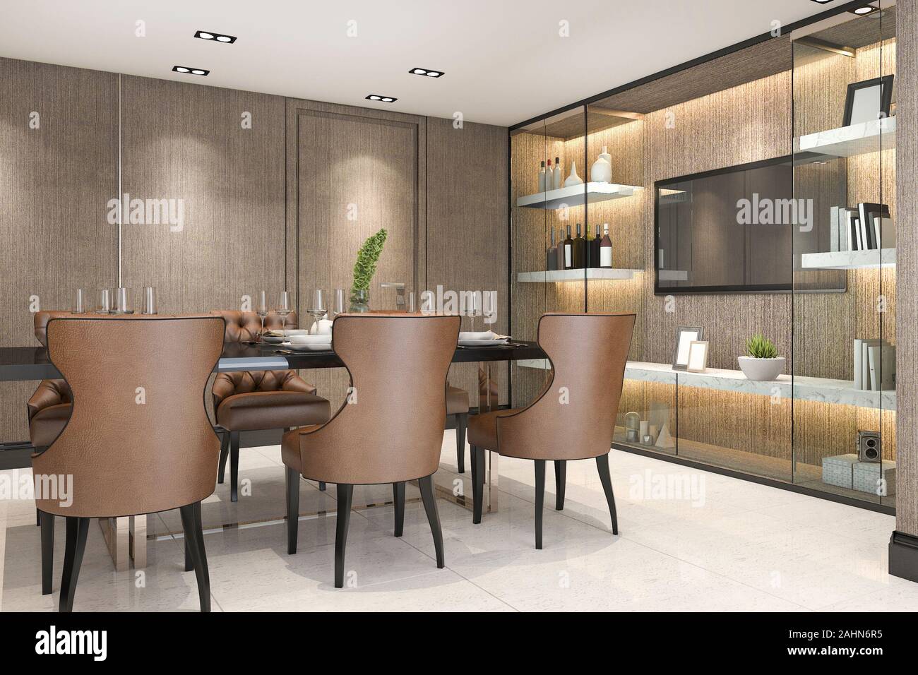 3D-rendering Speisen in modernem Luxus braun Esszimmer gesetzt  Stockfotografie - Alamy