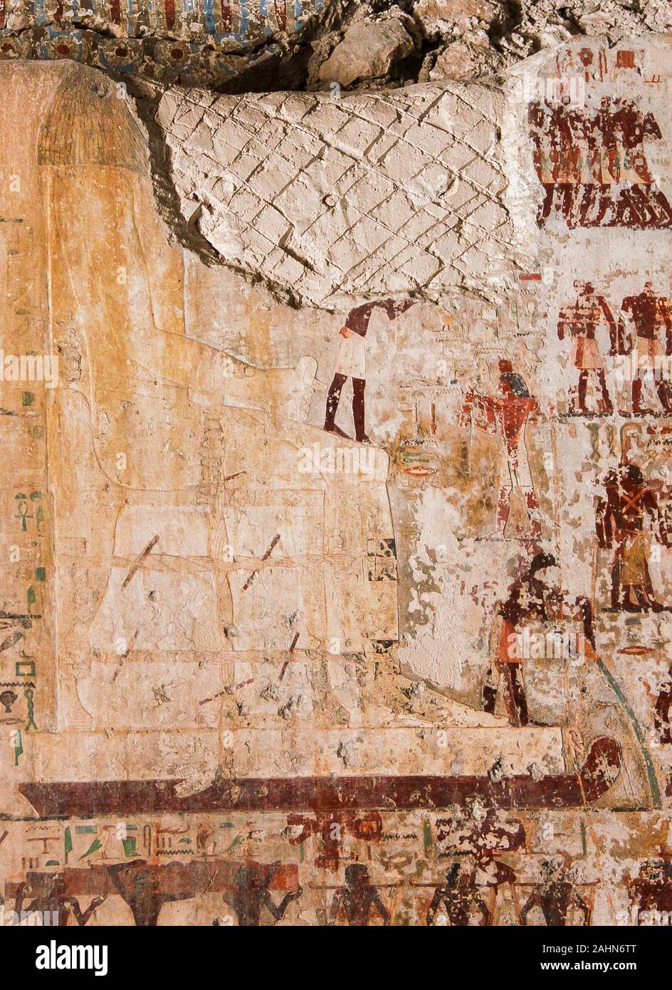 Mitte Ägypten, Deir el Bersha, das Grab von Djehutyhotep stammt aus dem Reich der Mitte. Hauptraum, berühmte Szene: Transport eines kolossalen Statue. Stockfoto