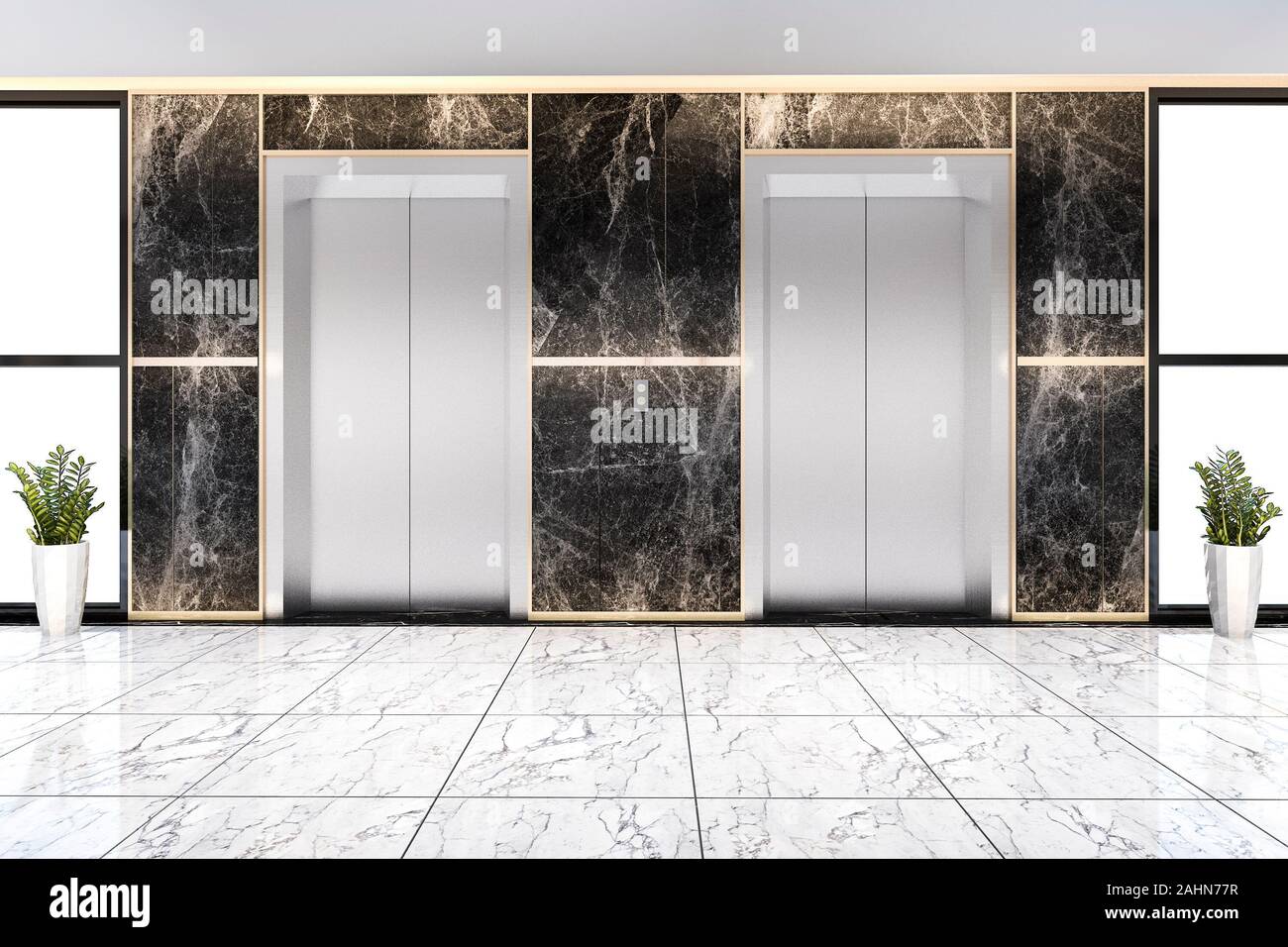 3D-Rendering modernen Stahl Aufzug Aufzug Lobby in Business Hotel mit luxuriösen Design Stockfoto