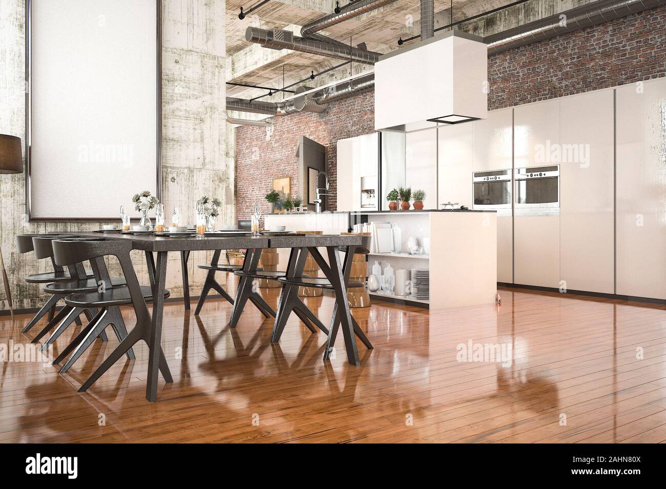 3D-Rendering industrielle Küche mit schwarzem Holz Esszimmer Zone Stockfoto