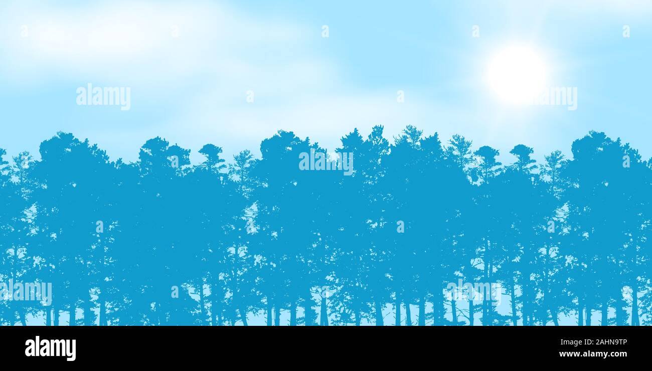 Realistische Abbildung: blauer Himmel mit weißen Wolken und Platz für Text. Tops von Nadelwald Bäume, Kiefern- und strahlende Sonne mit Sunbeam - vec Stock Vektor