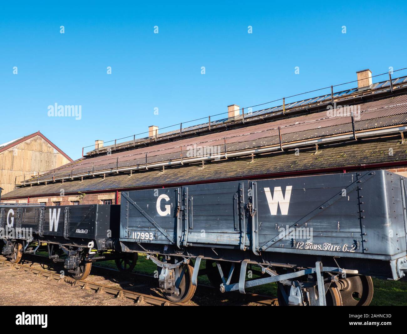 G W Open C wagen, Schienen Schienenfahrzeuge, Didcot Railway Centre, Oxfordshire, England, UK, GB. Stockfoto