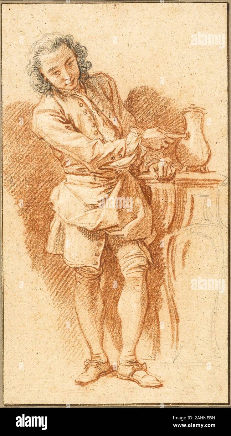 François Boucher. Studie der Valet mit Kaffeemaschine. 1734 - 1744. Frankreich. Rote Kreide, mit schwarzer Kreide, und berührt von Graphit, mit weißer Kreide verstärkt, Auf festem Bütten Stockfoto