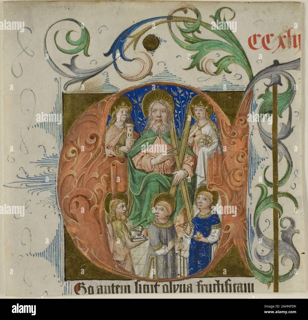 Der Heiligen Barbara, Katharina, Andreas, Johannes der Täufer, Lawrence und Thomas à Beckett in einem Historisierte Initiale E von einem missale oder Brevier. 1460-1470. Deutschland. Manuskript schneiden in Tempera und Blattgold, mit gothica textualis Inschriften in Latein in bräunlich-rote und schwarze Tinte auf Pergament Stockfoto