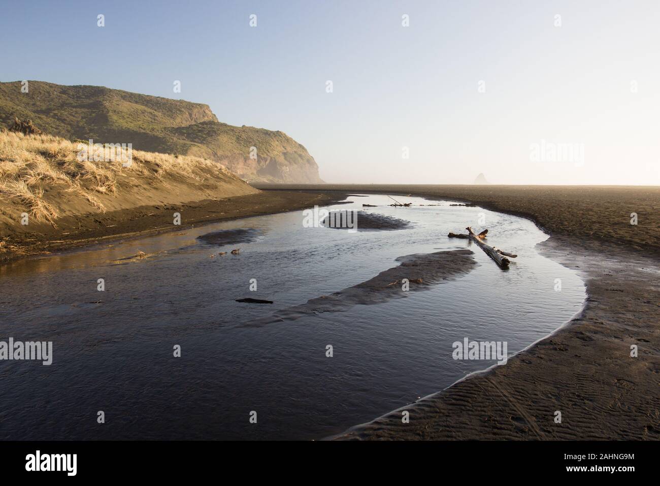 Der Fluss, schwarzer Sand, Dünen und Berge von Karekare Beach in West Auckland, Neuseeland. Stockfoto