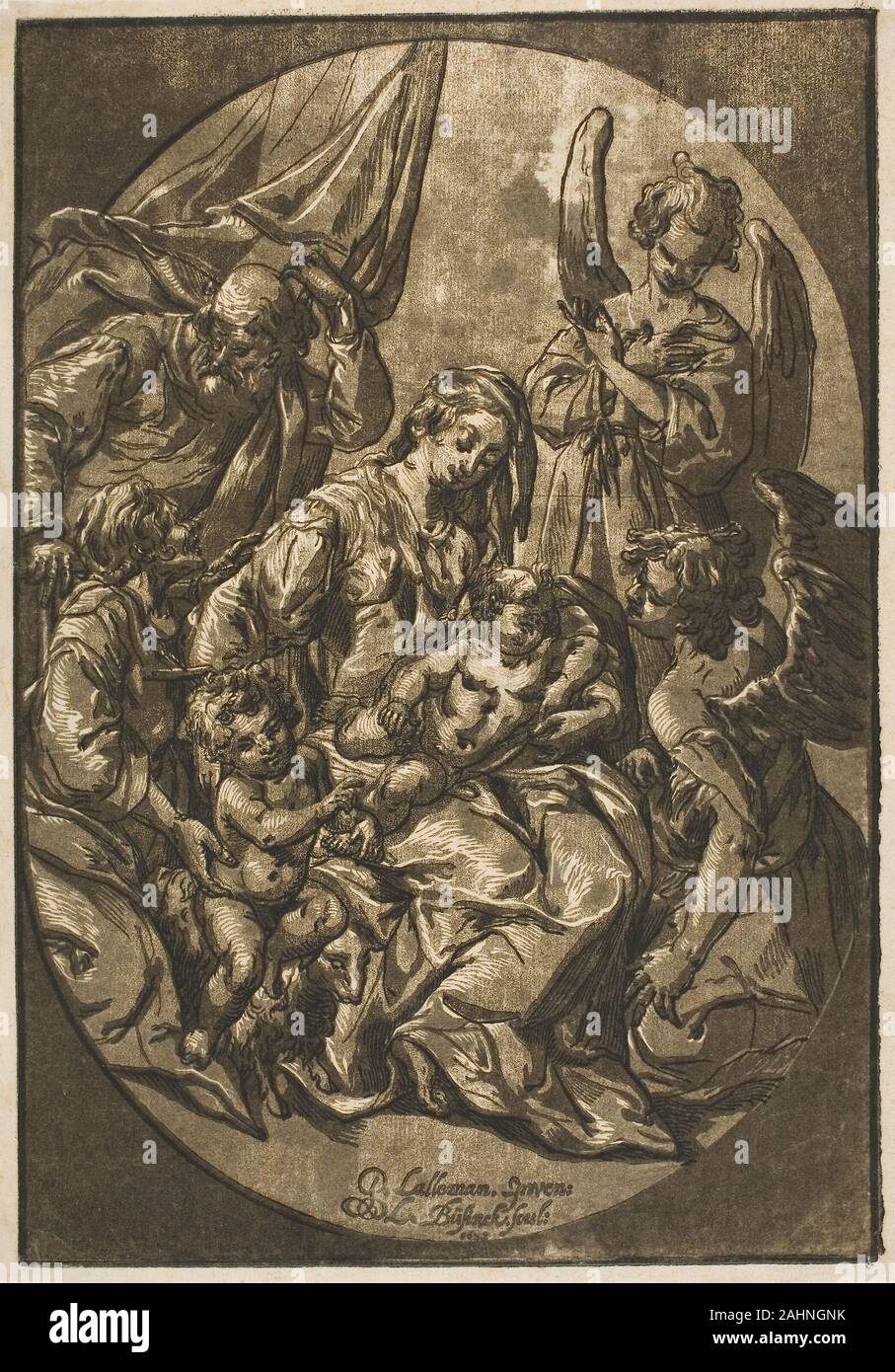 Ludolph Büsinck. Heilige Familie in einem Ovalen Rahmen. 1623. Deutschland. Chiaroscuro Holzschnitt aus drei Blocks, auf Papier Büsinck arbeitete in Paris von 1623 bis 1630, und war der erste Künstler in Frankreich chiaroscuro Holzschnitte zu machen. Er schuf etwa Zwanzig - vier in diesem Zeitraum, meist aus religiösen oder Genre Themen von Georges Lallemand. Seine Werke zeigen den Einfluss von Hendrik Goltzius. Stockfoto