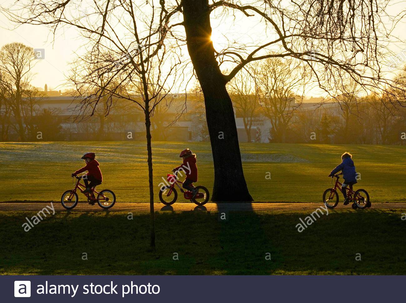 Edinburgh, Schottland, Großbritannien. 31. Dez 2019. Kinder Fahrrad und genießen die Natur an einem kalten, klaren und hellen Silvester kurz vor Einsetzen der Dämmerung in Inverleith Park. Quelle: Craig Brown/Alamy leben Nachrichten Stockfoto