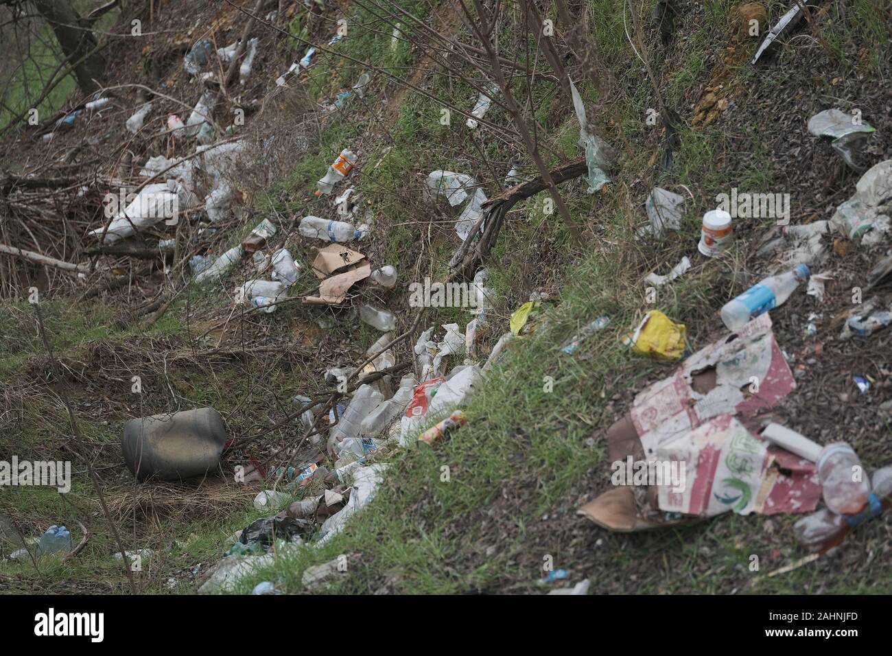 Elemental dump plastik Müll am Straßenrand in der Nähe am Rande des Waldes. Verschmutzung der Umwelt mit Kunststoff- und andere Abfälle. Stockfoto