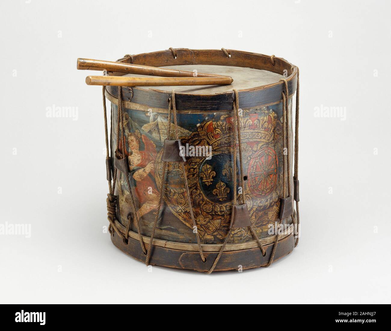 Beim französischen Militär Seite Drum- und Percussion. 1765-1770. Frankreich. Holz, Messing, Eisen, verstecken, Netzkabel, und Lack Stockfoto