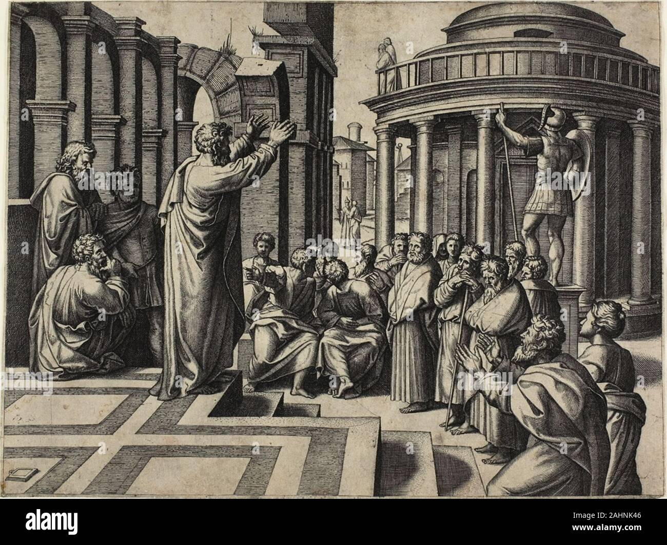 Marcantonio Raimondi. Paulus predigt in Athen. 1517 - 1520. Italien. Gravur in Schwarz auf Creme Bütten auf einem Gemälde von Raphael, dieser Ausdruck zeigt des Heiligen Paulus predigt in Athen. Die Rede im Areopag, einem alten Hof Website in Griechenland, und zentriert auf Themen von Götzendienst und falscher Gottesdienst. Die Leistung des Paulus Worte sichtbar ist, obwohl einige in der Masse ihre Köpfe auf die Statue im Hintergrund aktiviert haben, die meisten sind die Lautsprecher, und der Mann in der rechten unteren Ecke knien scheint besonders inspiriert. Stockfoto