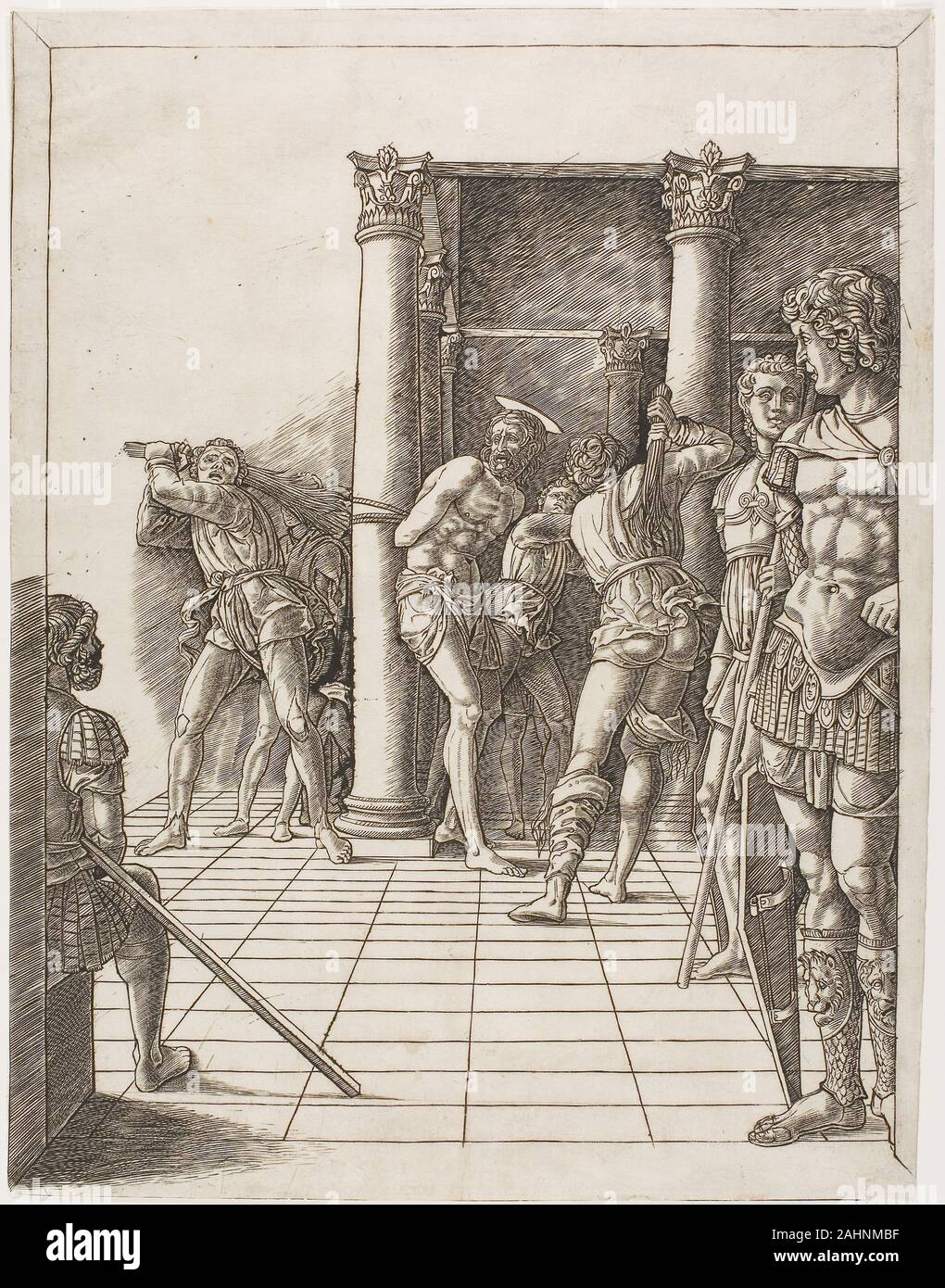 Schule von Andrea Mantegna. Die Geißelung Christi, mit dem Pflaster. 1475 - 1480. Italien. Gravur in Schwarz auf Elfenbein Bütten Stockfoto