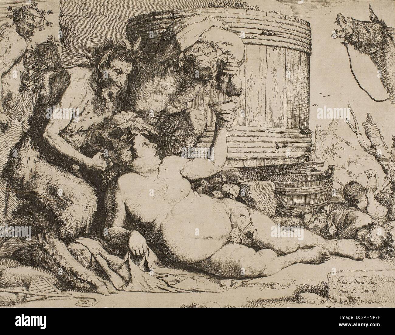 : Lanfranco. Silen beim Wein Ust. 1628. Spanien. Ätzen in Schwarz auf Creme Bütten der Spanischen Barock artist Ribera kann einige der anderen Bacchanal druckt auf Ansicht in der Nähe gewusst haben, einschließlich solcher, die von Andrea Mantegna (1956.1010 und. 1011); dieser erdigen Darstellung des Dionysos fleischig, häufig inebriated Follower ähnelt die Szene innerhalb der Traube - arbored roundel von Annibale Carracci Tazza Farnese (1989.172). Pan, mit seinen Leitungen beiseite legen, Kronen Silenos mit einem Kranz von Reben, Ranken, von denen auch seinen Schambereich. Kinder haben sich von den Wein fu übergeben Stockfoto