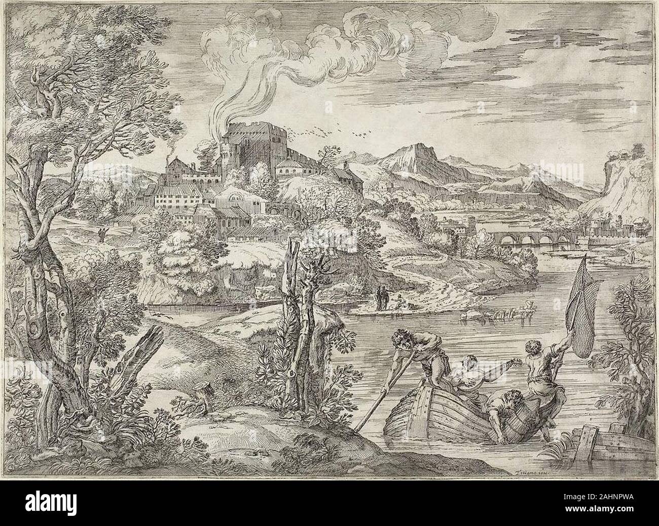 Giovanni Francesco Grimaldi. Landschaft mit einem Luteplayer. 1627. Venedig. Radierung auf Elfenbein Bütten Giovanni Francesco. Grimaldi war Maler, Architekt und Kupferstecher von über 50 Landschaften, viele inspiriert durch die venezianische Drucke von Tizian und Domenico Campagnola. Die stilisierte, dekorative Zweige der hohen Baum auf der rechten Seite des Druckmoduls sind charakteristisch für unverwechselbare grafische Stil der Grimaldi. Dies ist eine Kopie in umgekehrter Eines der frühesten bekannten Radierungen von Grimaldi, demonstriert seine nachhaltigen Einfluss. Stockfoto