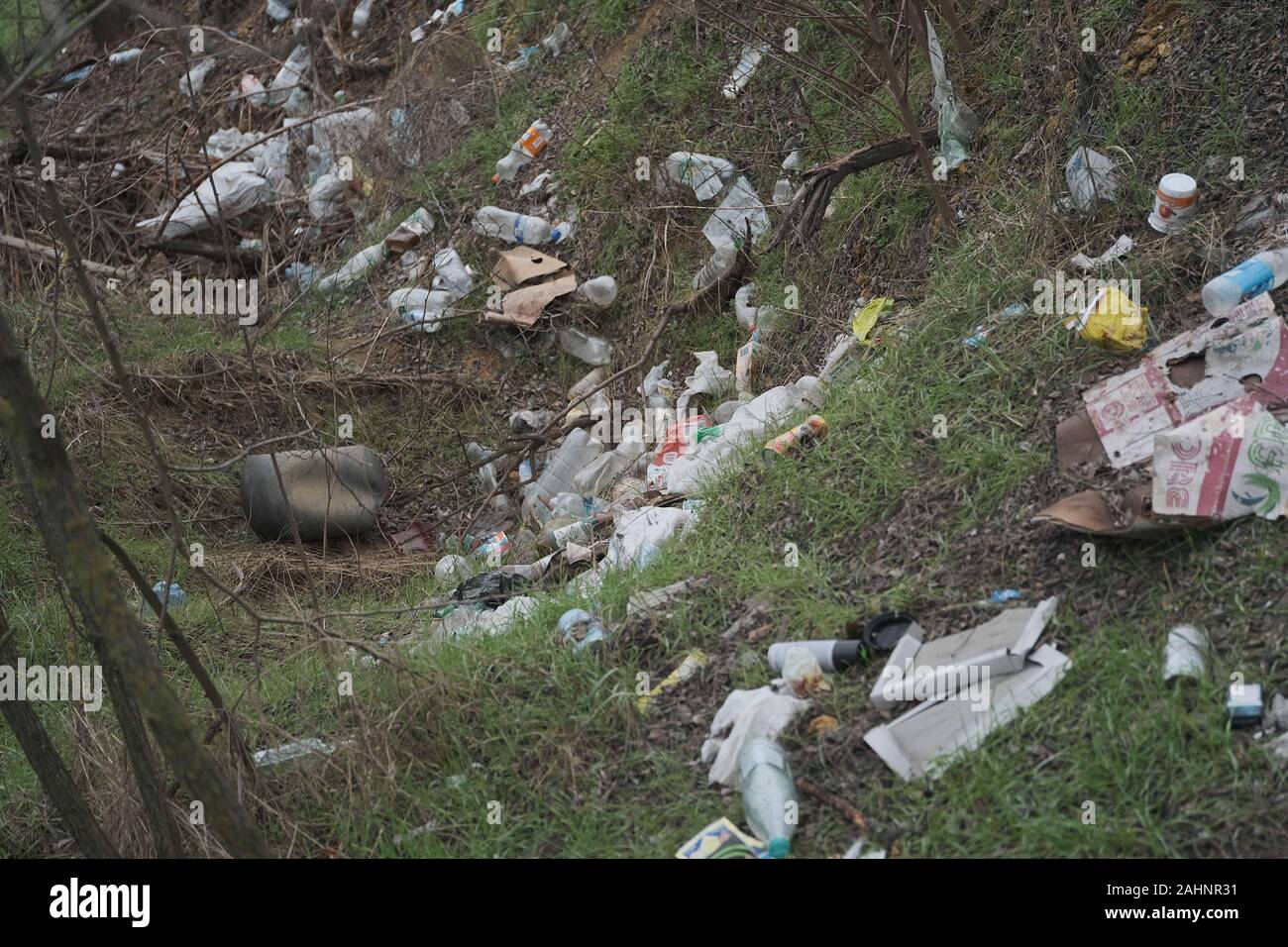 Oblast Kherson, Ukraine, Osteuropa. 26 Mär, 2019. Elemental dump plastik Müll am Straßenrand in der Nähe am Rande des Waldes. Verschmutzung der Umwelt mit Kunststoff- und andere Abfälle. Kunststoff Ablagerungen auf dem Rasen unter den Bäumen. Umwelt Kunststoff Luftverschmutzung ist ökologisches Problem. Oblast Kherson, Ukraine, Osteuropa Credit: Andrey Nekrasov/ZUMA Draht/Alamy leben Nachrichten Stockfoto