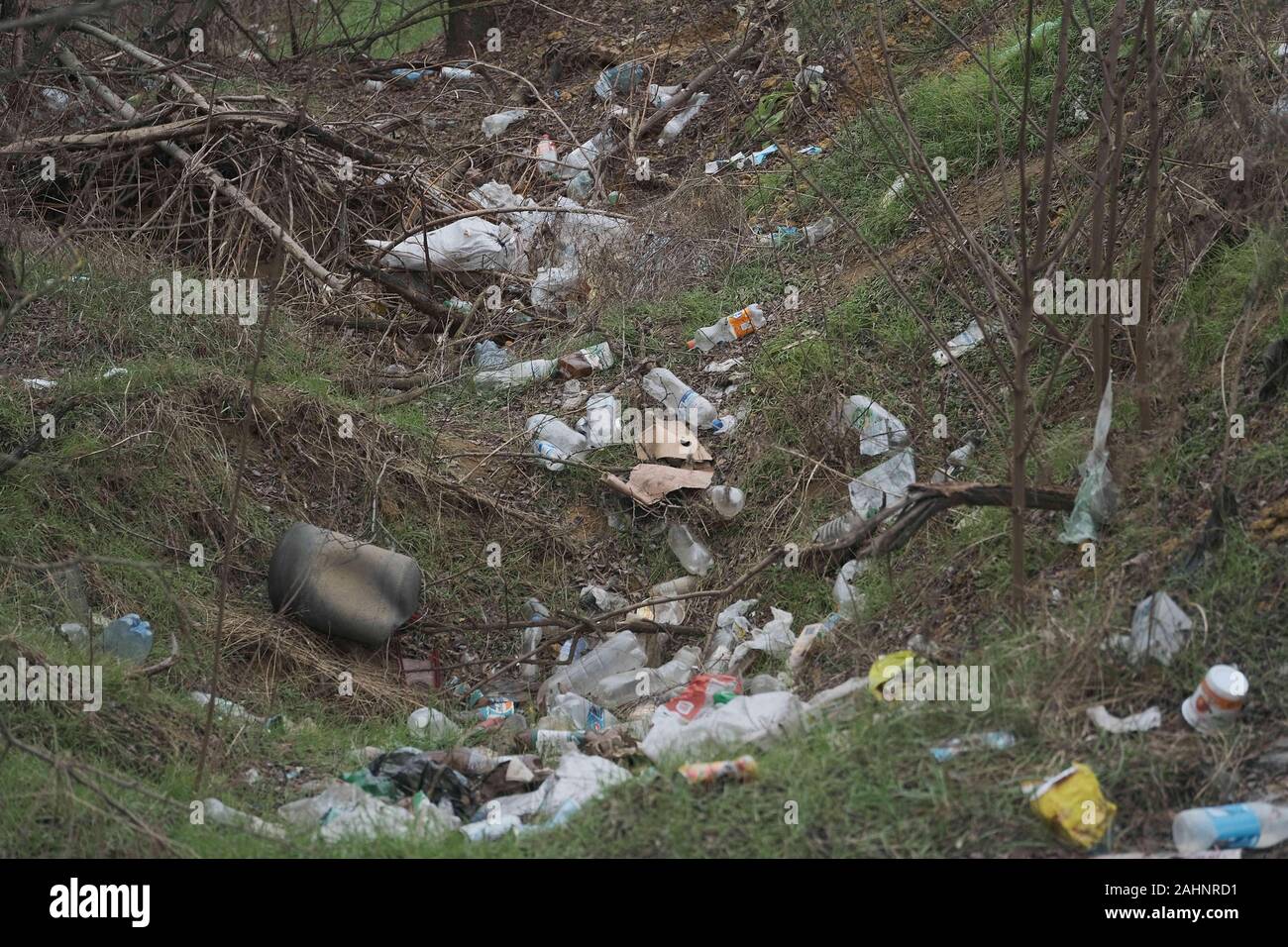 Oblast Kherson, Ukraine, Osteuropa. 26 Mär, 2019. Elemental dump plastik Müll am Straßenrand in der Nähe am Rande des Waldes. Verschmutzung der Umwelt mit Kunststoff- und andere Abfälle. Kunststoff Ablagerungen auf dem Rasen unter den Bäumen. Umwelt Kunststoff Luftverschmutzung ist ökologisches Problem. Oblast Kherson, Ukraine, Osteuropa Credit: Andrey Nekrasov/ZUMA Draht/Alamy leben Nachrichten Stockfoto