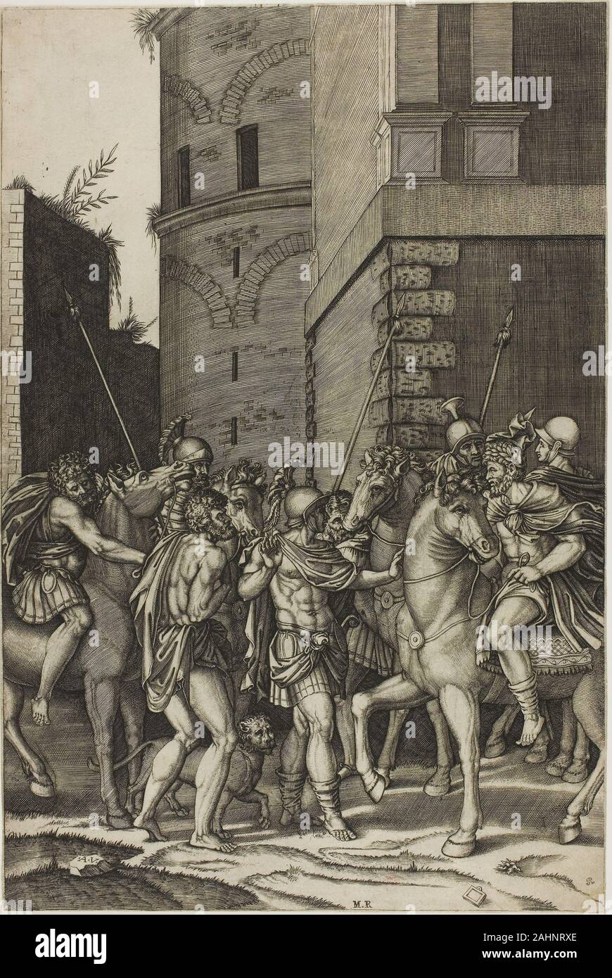 Agostino dei Musi. Kaiser die Befreiung der Sklaven Androcles. 1511 - 1521. Italien. Gravur in Schwarz auf Elfenbein Papier in Aesops Fabeln, die entlaufenen Sklaven Androcles zu einem Löwen für die Unterhaltung des Kaisers geworfen wird. Miraculoush, das Tier begrüßt ihn wie ein Welpe, anstatt ihn zu Zerreißen des Körpers von der Extremität. Androcles hatte einmal einen Dorn aus der Pfote Lion entfernt, und in der Dankbarkeit das Tier sein Leben in der arena Ersatzteile. Der Kaiser ist so von der Geschichte, dass auch er Ersatzteile Androcles' Leben und sendet die Lion zurück zu dem wilden berührt. Agostino Veneziano kann eine Zeichnung von Raphael als Modell für dieses verwendet haben Stockfoto