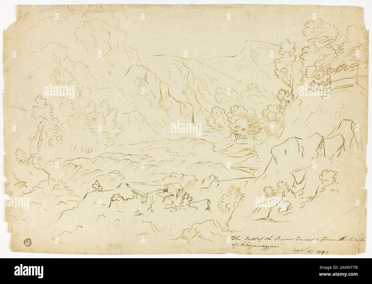 Joseph Mallord William Turner (Artist (Original)). Der Fall der Fluss Umstülpen (recto); Blick auf Fastraly (verso). 1797. England. Pen und braun Tinte, Graphit (Recto und verso), an den cremefarbenen webte Papier Stockfoto