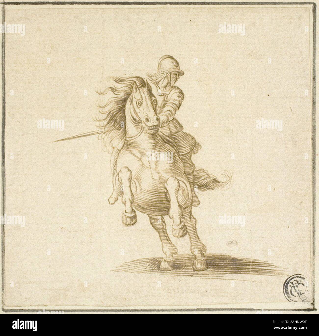 Stefano Della Bella. Soldat auf galoppierenden Pferd. 1612 - 1635. Italien. Pen und braun Tinte, über Spuren von Graphit, auf Elfenbein Bütten, unten an den cremefarbenen festgelegten Papier Stockfoto