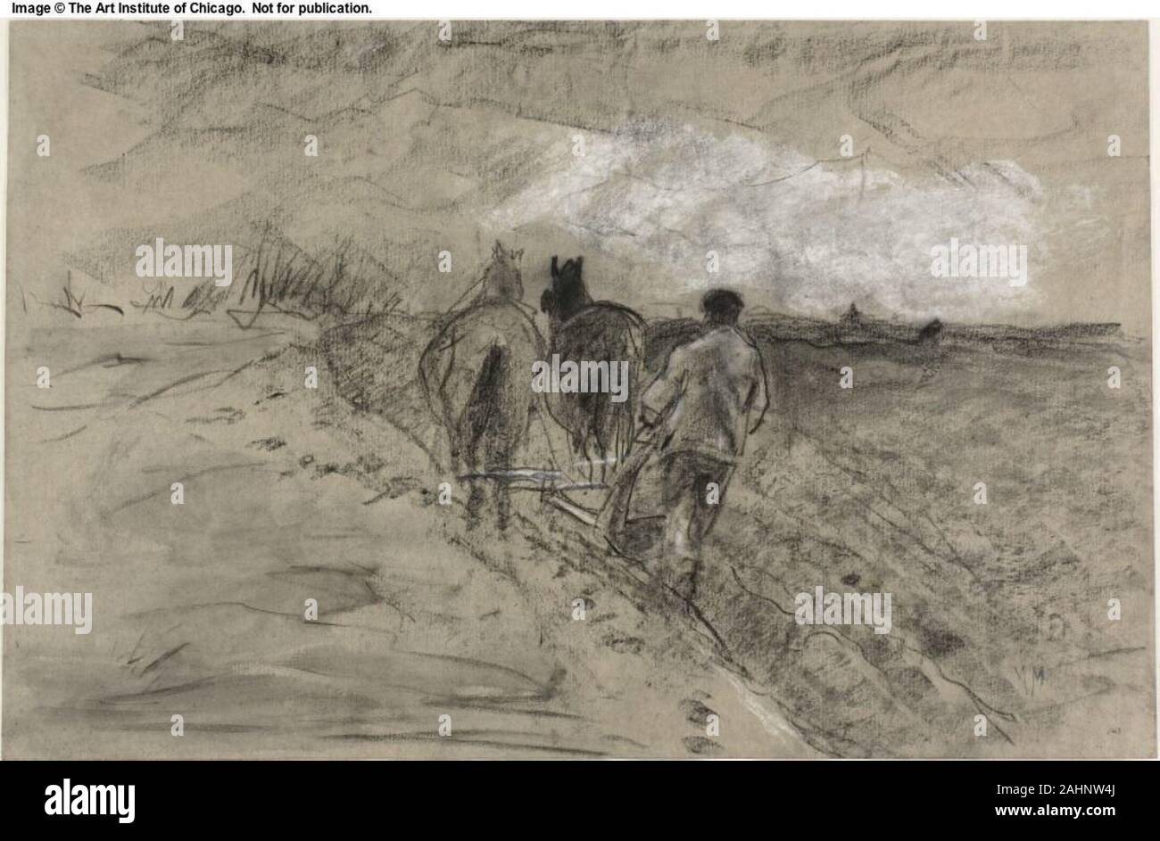 Anton Mauve. Man Pflügen (Recto und verso). 1858 - 1888. Niederlande. Schwarze Kreide, mit weißer Kreide, Pinsel in Grau waschen, und berührt von stumping, gräulich-tan webte Papier Stockfoto