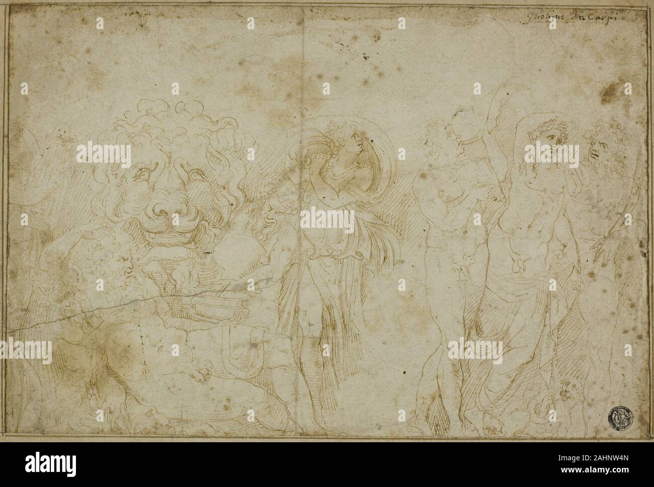 Girolamo da Carpi. Blenheim Palace Sarkophag Bacchanale mit Lion's Head. 1549 - 1553. Italien. Pen und braune Tusche auf Elfenbein Bütten Stockfoto