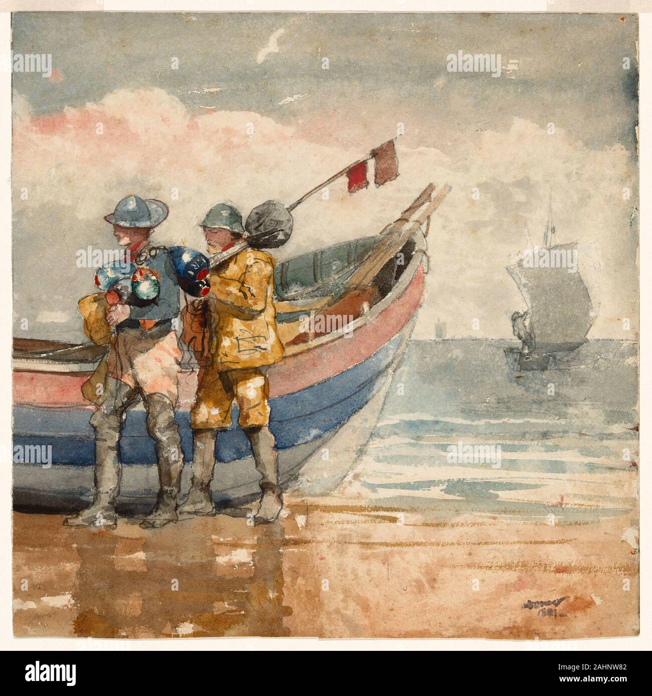 Winslow Homer. Die Rückkehr, Tynemouth (recto) Studie (verso). 1881. In den Vereinigten Staaten. Transparente Aquarell, mit einem Hauch von opak Aquarell, Wiedervernässung, Blotting und Schaben, verstärkt mit Gummi-Glasur, über Graphit, auf mäßig dick, mäßig strukturiertem, Elfenbein webte Papier (linken und unteren kanten getrimmt) während des Aufenthalts Homers in England von 1881 bis 1882 hatte er ein Studio auf einer Klippe mit Blick auf cullercoats Hafen, wo er das Kommen und Gehen der Fischerboote beobachtet vermietet. Die Rückkehr, Tynemouth zeigt zwei Fischern am Ufer am frühen Morgen angekommen. Weil dieses Aquarell wurde Pai Stockfoto