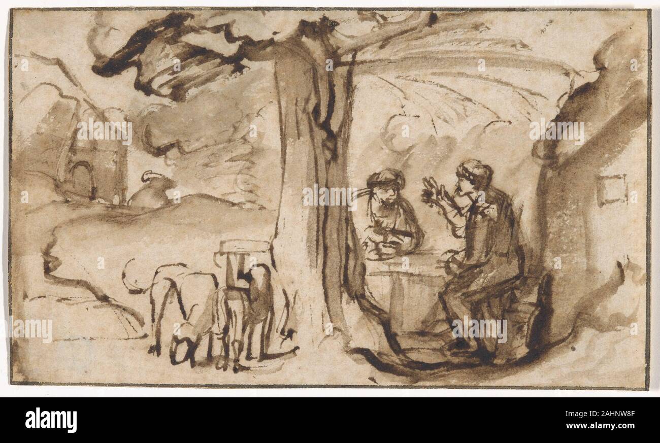 Samuel van Hoogstraten. Jakob und Esau (recto); Leiter einer jungen Frau schläft (verso). 1647 - 1678. Niederlande. Feder und Tinte, braun mit Pinsel und Braun waschen (Recto und verso) auf Elfenbein Bütten Stockfoto