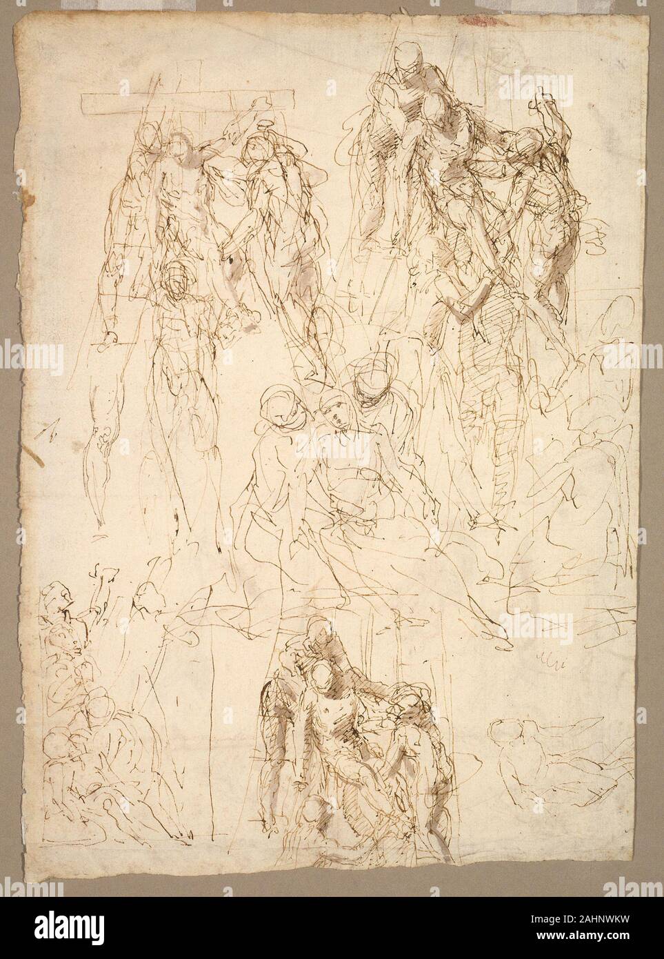 Aurelio Luini. Studien für die Deposition. 1553-1557. Italien. Pen und Braun mit Pinsel und Farbe grau-braun Waschen, auf Elfenbein Bütten Stockfoto