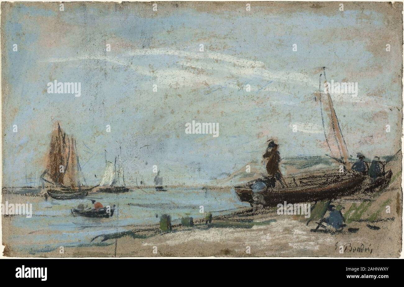 Louis Eugène Boudin. Strand mit Fischerbooten (recto); Landschaft mit Bauern Pflügen eines Feldes (verso). 1844 - 1898. Frankreich. Pastell an (recto) und Kohle (verso) auf Gräulich-tan webte Papier Stockfoto