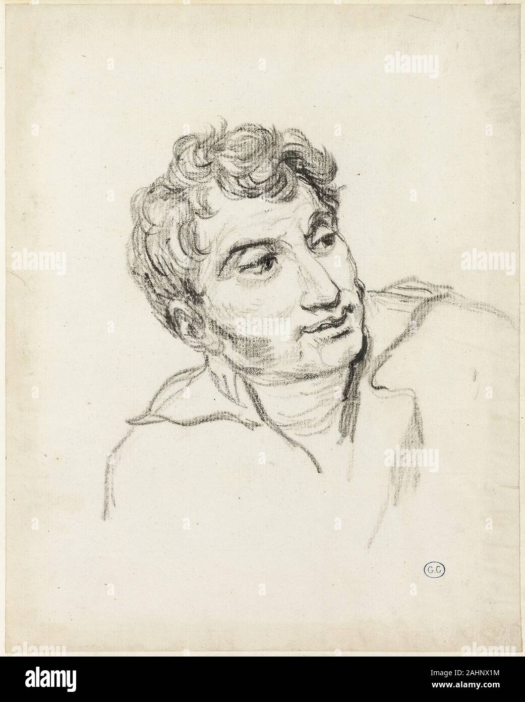 Jacques Louis David. Büste eines Mannes, Kopf nach rechts. 1805 - 1815. Frankreich. Schwarze Kreide, mit einem Hauch von schwarzer Kreide, Bütten, Edge auf Creme webte Papier montiert Stockfoto